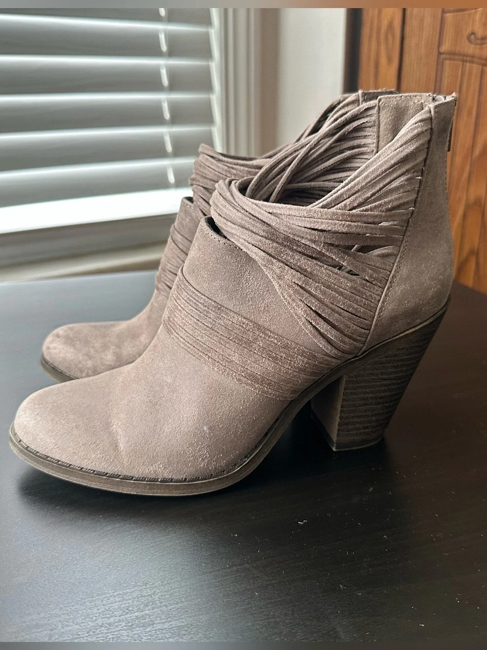 Fergalicious Taupe Suede Fringe Booties size 7.5
